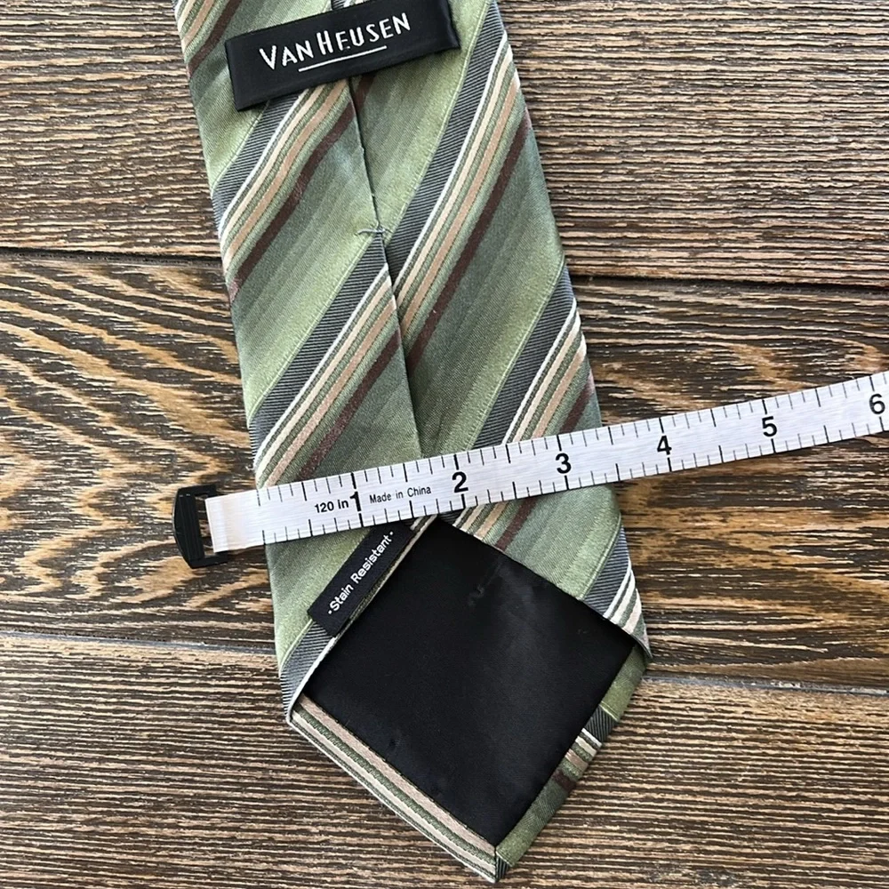 Van Heusen‎ Green and Brown Striped Silk Tie Mens 100% Silk Stain Resistant